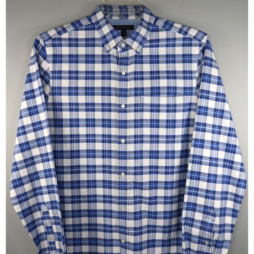 Banana Republic Oxford Shirt Tailored Men's Size Medium Tall Slim Fit Blue Plaid